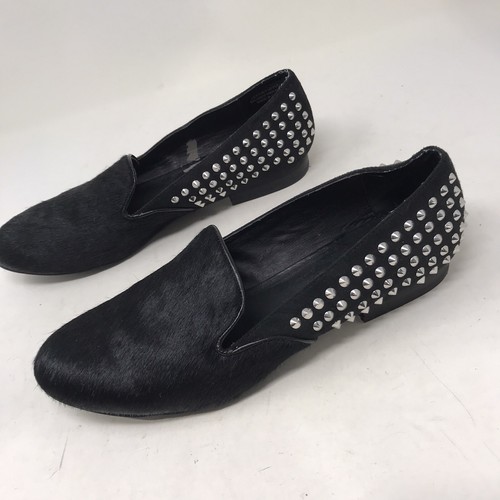 Kelsi Dagger Size 8.5M Studded Loafers Shoes Fur-like Flats Black Leather EUC - Picture 4 of 5