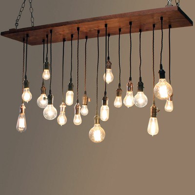 Industrial Rustic Wood Plank Ceiling Suspension Pendant Light 18 Exposed Bulb Ebay