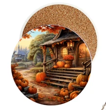 Handmade 4" Round Ceramic Coaster Cork Backing-Fall-Pumpkins-Leaves-Porch-Gift