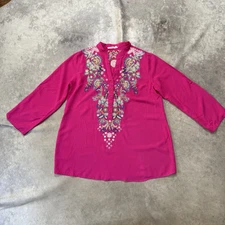 Anthropologie Luna Moon Shirt Womens Sz L Pink Floral Embroidery Top Boho Tunic