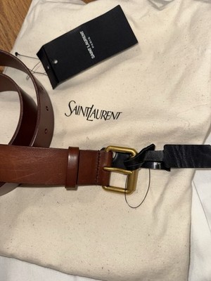 Saint Laurent YSL Brown Leather Belt Brass Buckle With Tag