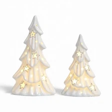 Christmas Trees Ceramic White with Lights 2Pcs Light Up Tabletop