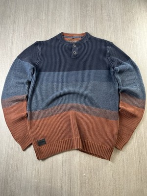 Point Zero Herren Henley Pullover Colorblock Strickpullover Gr. L dunkelblau orange