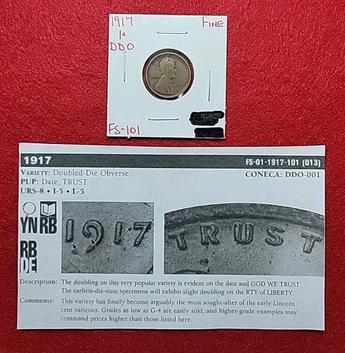 1917 DDO Doubled Die Obverse Lincoln Wheat 1c Cent FS-101 Fine DDO-001