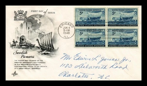 DR JIM STAMPS US COVER SWEDISH PIONEER CENTENNIAL FDC SCOTT 958 BLOCK OF 4