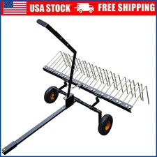 Lawn Tractor Rake 59 Inch Tow Behind Dethatcher Rake W/ 24 Tines Fits ATV Mower