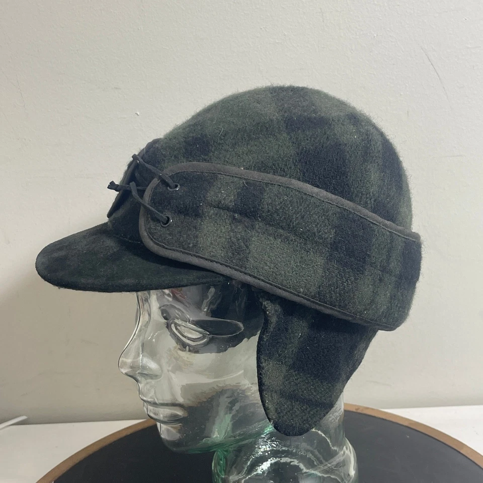 Chapéu Woolrich masculino L preto verde xadrez lã orelha aba boné feito nos EUA inverno - Imagem 2 de 4