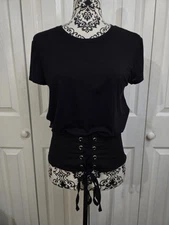 INC International Concepts Black Short Sleeve Corset Tie Waist Top Size Small