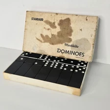 Vintage Puremco DOMINOES Marblelike Black & White W/Box & Instructions