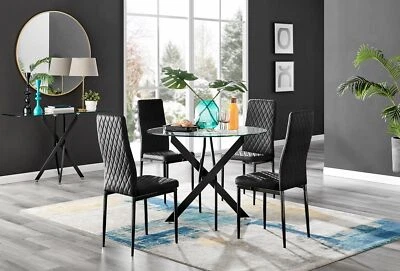 Novara Black Leg Round Glass Dining Table & 4 Velvet Milan Black Leg Chairs