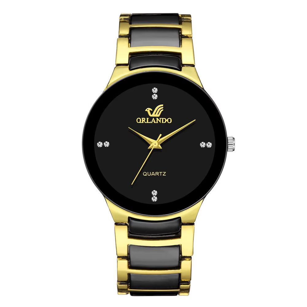 ORLANDO Men Luxury Watches New Arrived Cool Black Gold Quartz Steel  Wristwatch E