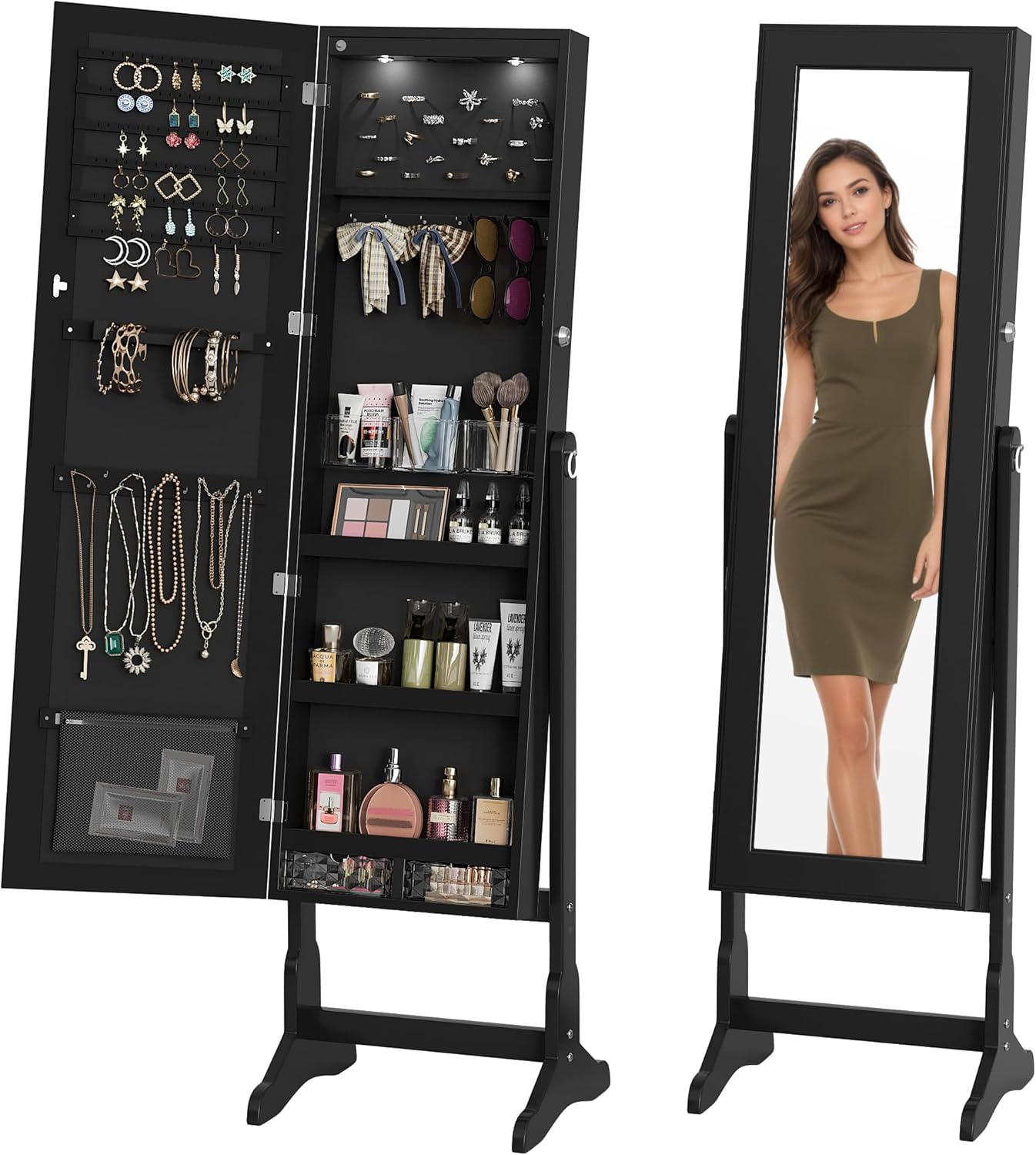 Full-length freestanding mirror jewelry cabinet with storage and jewelry arm