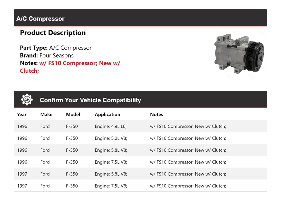 Compresor de aire acondicionado para Ford F-350 1996-1997 4 estaciones Foto 2 de 4
