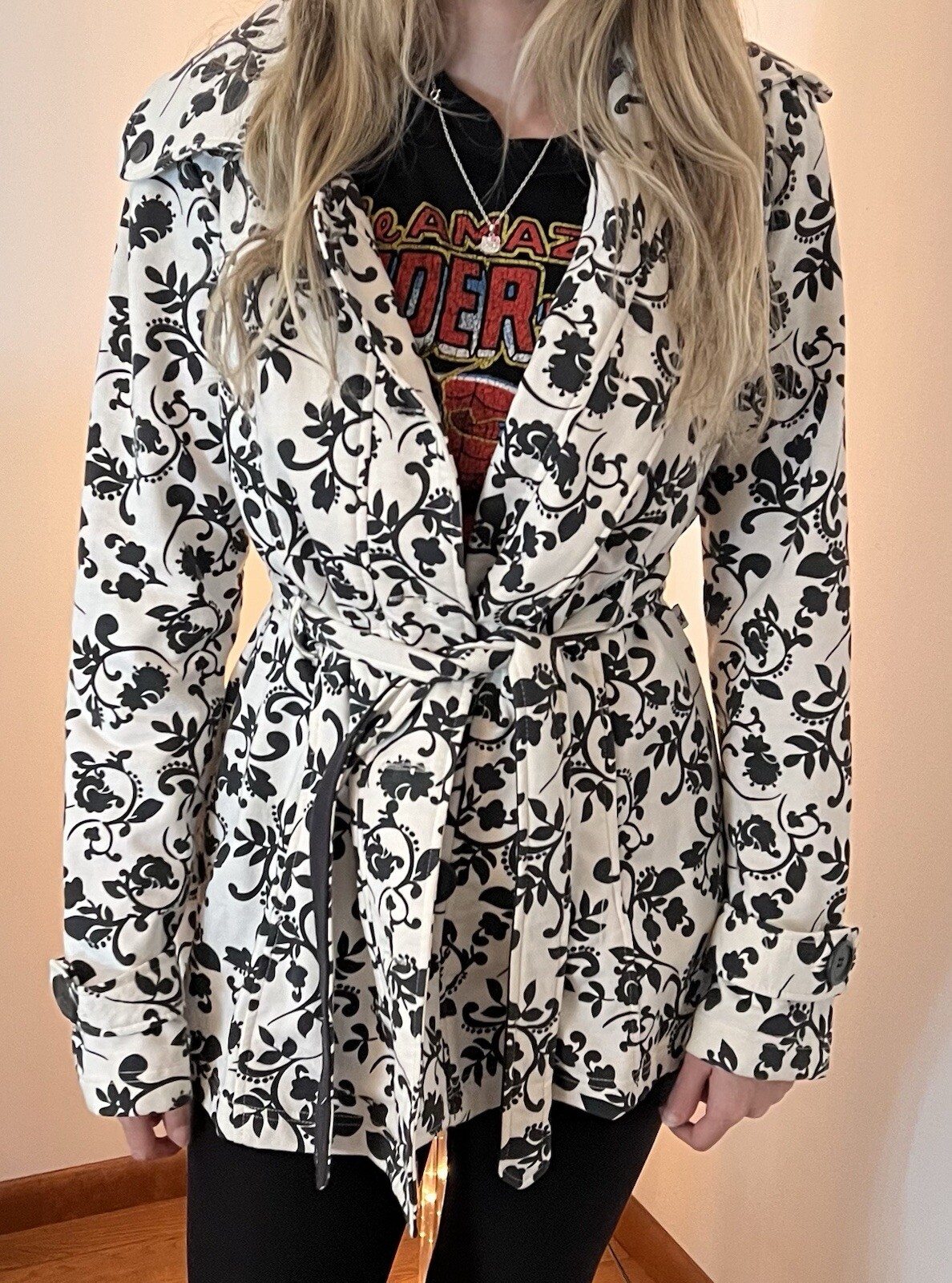 Self Esteem Jacket Coat 4 Button Belted White Bla… - image 2