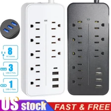 US Power Strip Surge Protector 8 AC Outlets 3 USB Ports + Type C Port 4 FT Cable