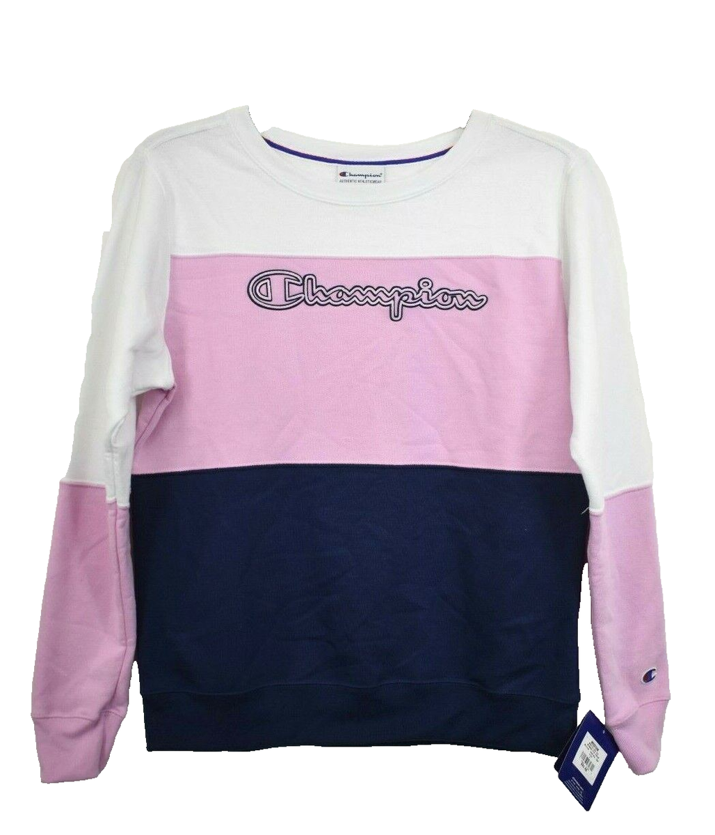 Champion Womens White Pink Colorblock Powerblend Crew Neck