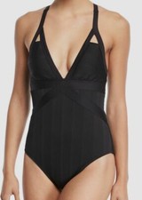 180 Athena Womens Black Stretch Ribbed V-Neck Banded One-Piece Swimsuit Size 12