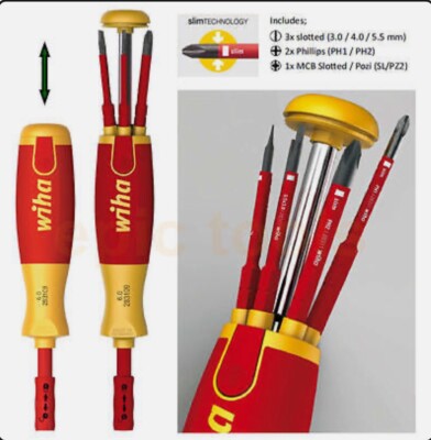 WIHA 6 Stück Slim-Bit Magazin VDE Schraubendreher Kreuzschlitz, Schlitz, Klemmensatz, 38613