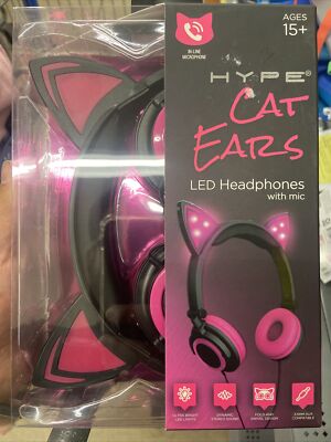 New Sealed HYPE Cat Ears LED Lights Headphones with Mic PINK  AUX compatible