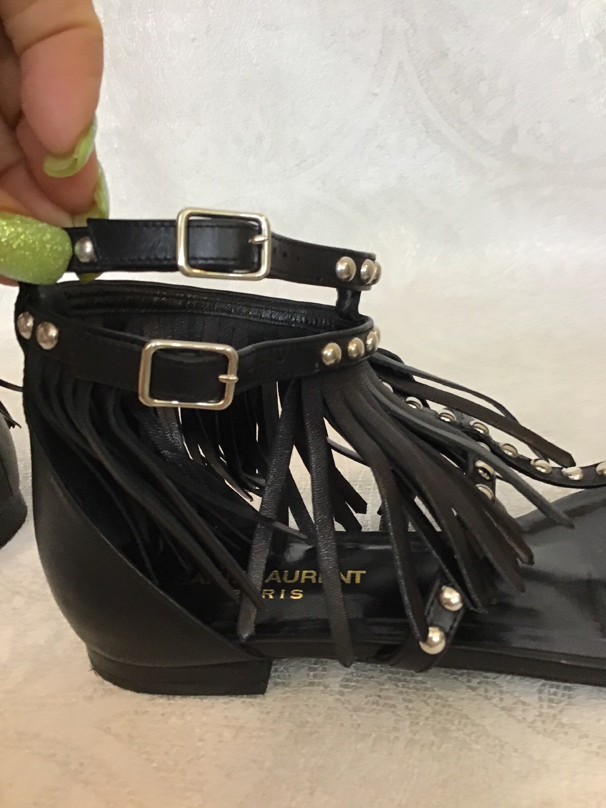 Sandalo Saint Laurent nero doppia fibbia con frange borchie nu pedine taglia 37 1 2