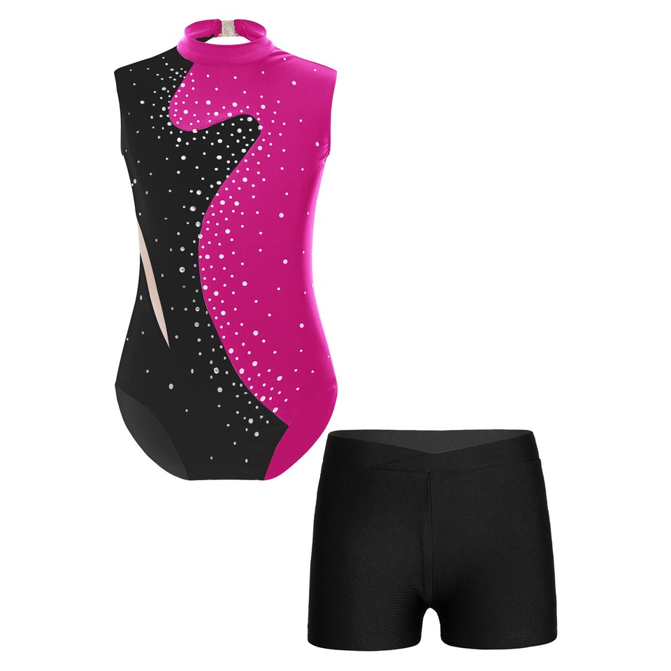 Mädchen Turnanzug Glitzer Langarm - Gymnastik Leotard Mit Shorts & Haarband