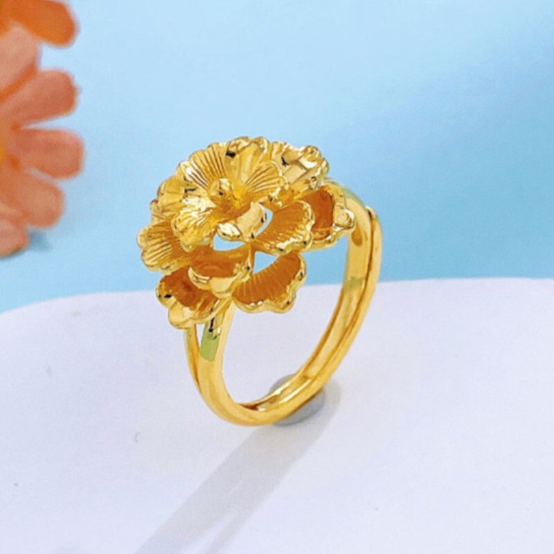 Pure 999 24K Yellow Gold Ring Women Big Lucky Flower Band Rings