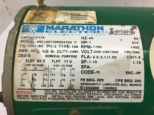 Marathon 9VL143TTDR53478BD 1 Hp AC Motor 208-230/460 Volts 1800 Rpm 4P 143T-85 - Picture 3 of 6