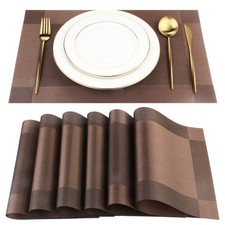 6 PCS HeatResistant Placemats Washable PVC Woven Vinyl Table Mats BrownCross