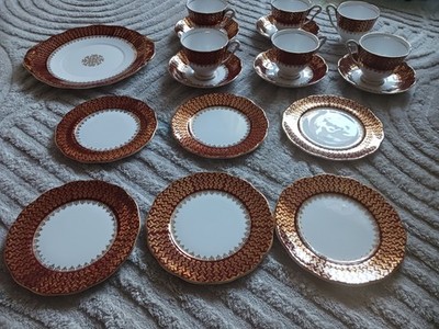 Vintage Queen Anne 18 tlg Teeservice Rubinrot Gold Filigran 253 5 Trios Kuchenteller