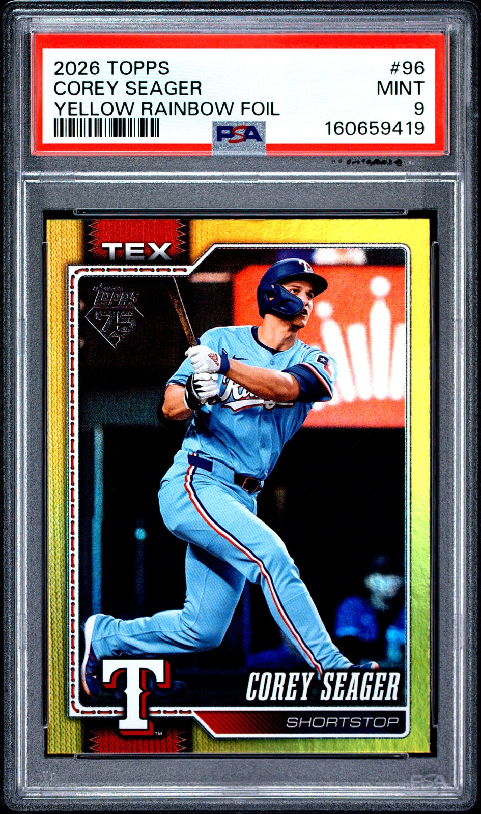 2026 TOPPS YELLOW RAINBOW FOIL #96 COREY SEAGER 366/399 PSA 9