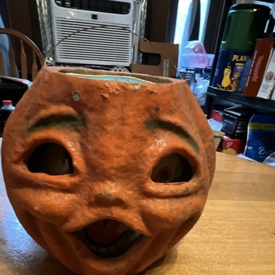 Vintage Paper Mache Lighted Jack-o'-Lantern Pumpkin Figurine, Painted