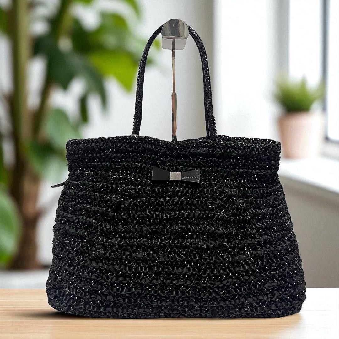 Anteprima Black Leather Ribbon Tote Bag Shoulder Authentic Excellent Condition