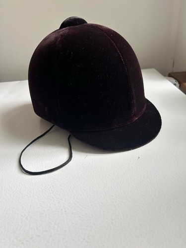Equestrian Riding Helmet Maroon Velveteen, No Chin Strap