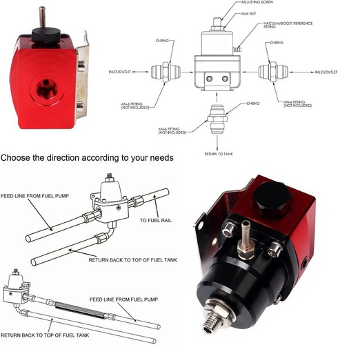 Black-Red Adjustable Universal Aluminum Fuel Pressure Regulator Kit EFI Bypass - Picture 5 of 7