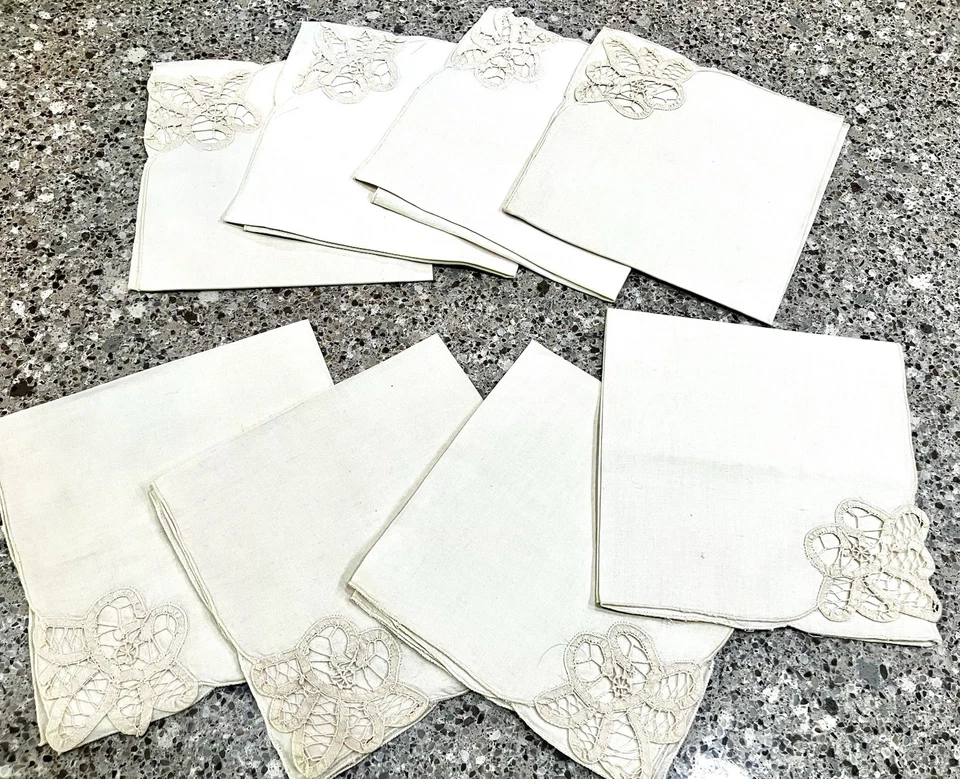 "8 servilletas vintage cuadradas de lino de 16"" color beige encaje Battenberg" Foto 2 de 4