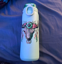 Handmade Ello Pro 32oz Light Blue Water Bottle w/ Straw Skull Floral