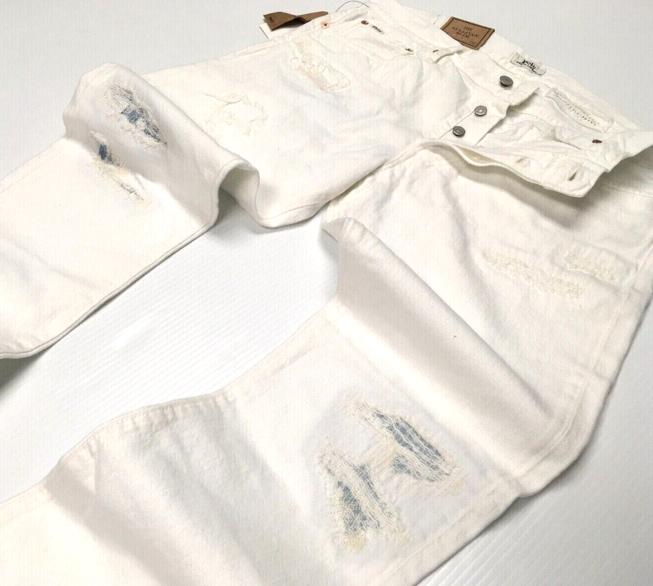Polo Ralph Lauren Distressed Patchwork Slim White Ripped Jeans
