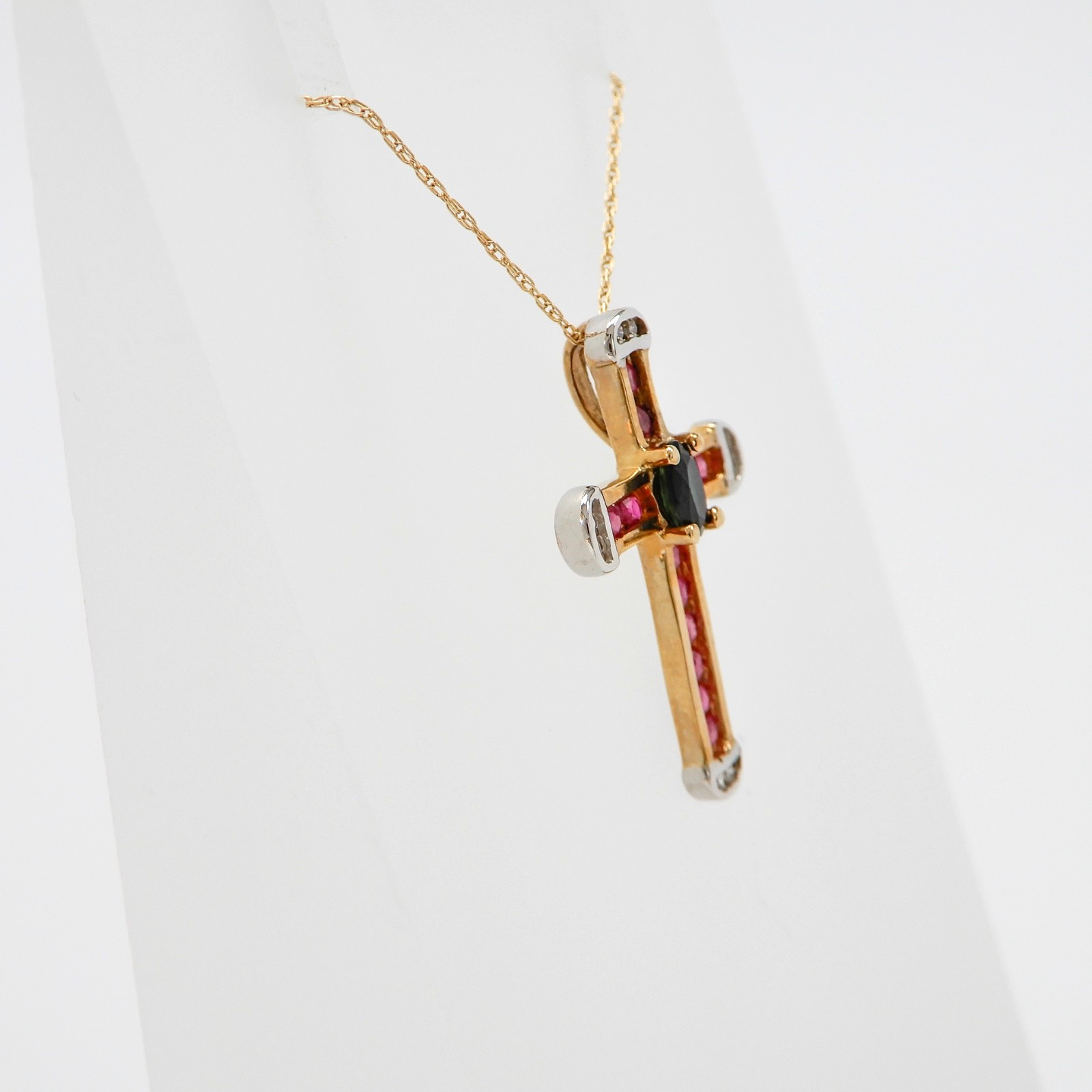 Solid 10K Yellow Gold Ruby Cross Pendant & Chain … - image 8