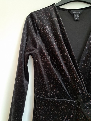 New Look Velvet Dress UK 12 Glitter Animal Print Twist Wrap Style Black Short - Picture 5 of 16