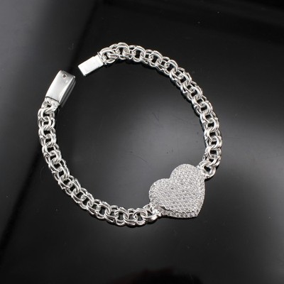 925 Sterling Silver Chino Link Heart Bracelet Pulsera de plata de