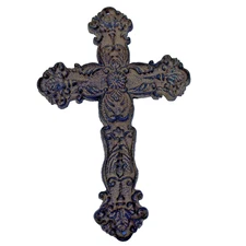 Vintage Ornate Rustic Floral Scrollwork Brown Cast Iron Hanging Cross Medium