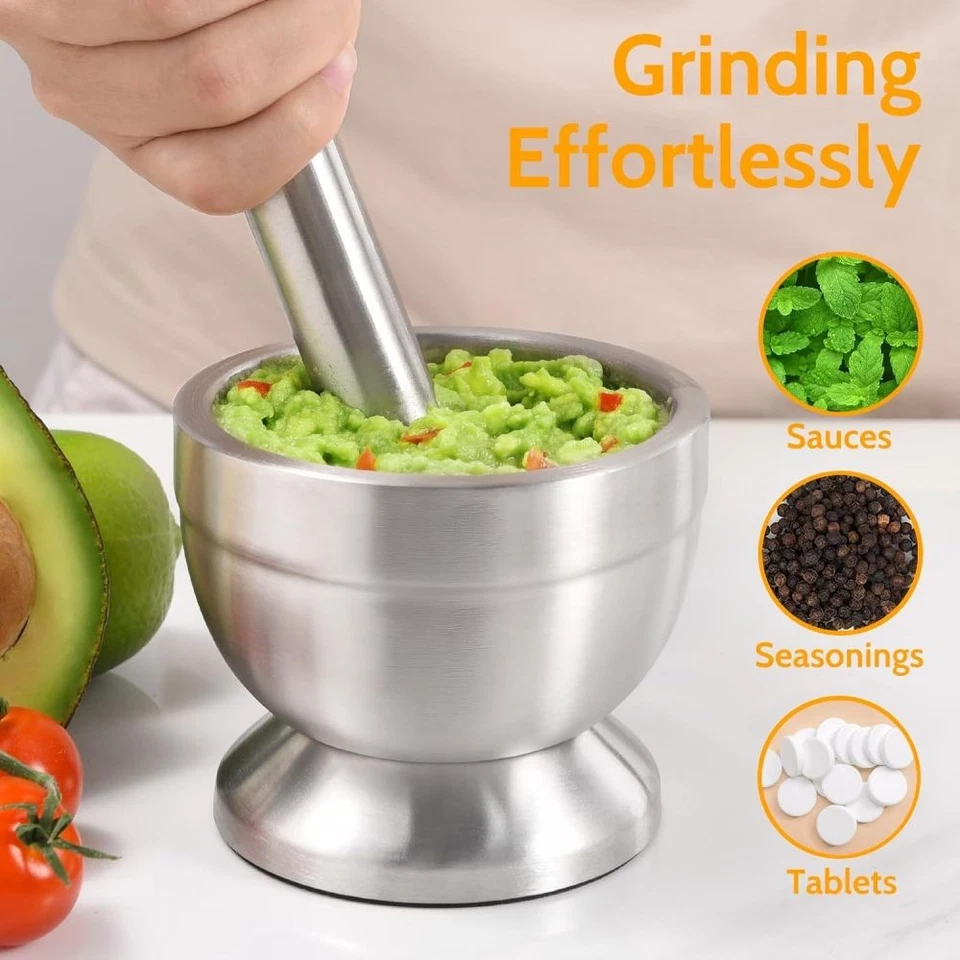 Mortar and Pestle Stainless Steel Pestal Set Food Herbs Spice Grinder Crusher US - Image 2 of 4