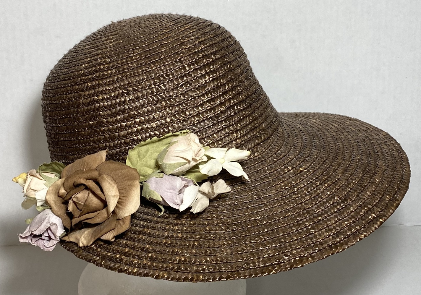 Vintage Liz Claiborne Cloche Straw Hat Wide Brim Flowers  display picture 2