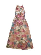HM Floral Halter Neck Maxi Dress Satin Pastel Pink Blue Belted Long Dress Sz S
