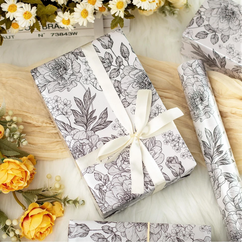 Rolo de papel de embrulho floral cintilante para presente - Rolo Jumbo - Preto e branco perolado... - Imagem 2 de 4