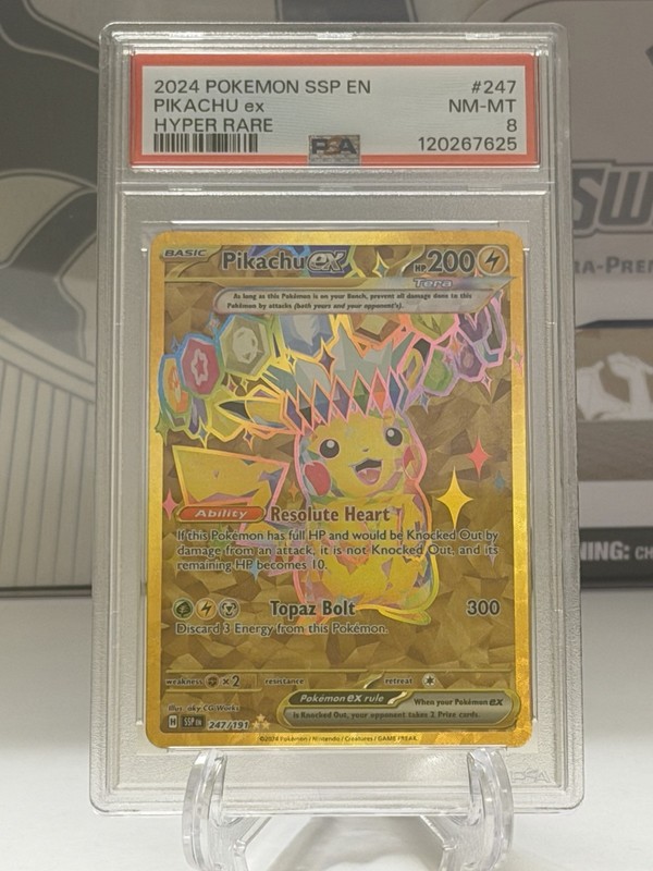 Pokémon Pikachu ex 247/191 Sv08 Surging Sparks Hyper Rare Holo English PSA 8