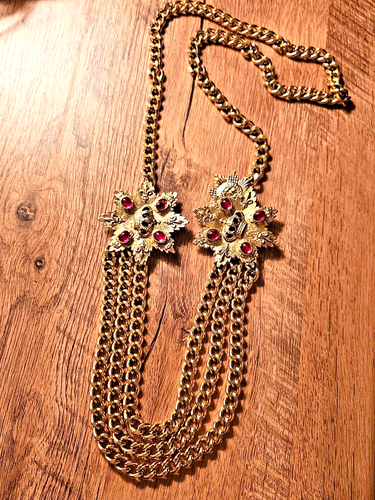 Vintage RJ Graziano Chain Necklace or Belt with Red stones and Crowns Rare - Picture 2 of 10