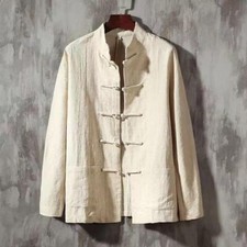 Mens Tops Shirts Long Sleeve Chinese Cotton Linen Vintage Kung Fu Regular Blouse