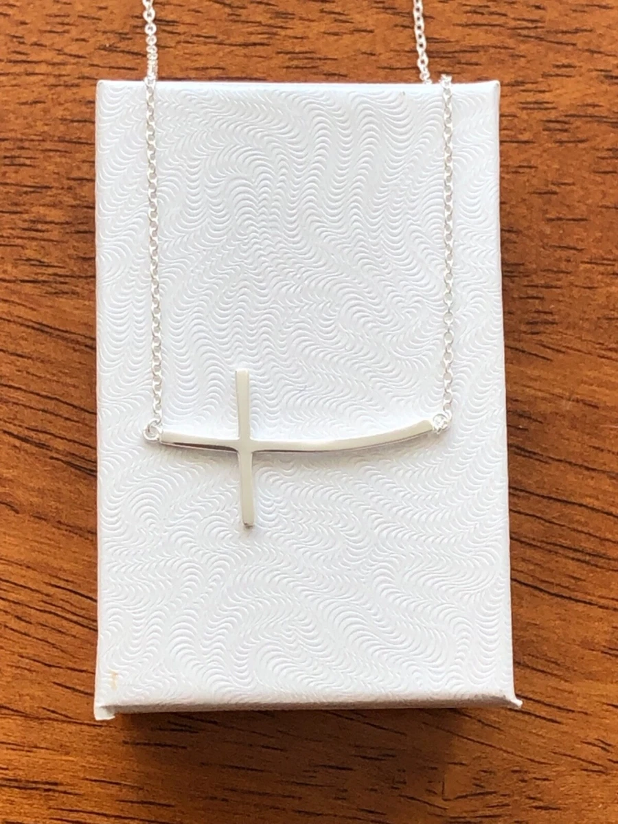 Sterling Silver 925 Sideways Curved Cross Pendant Necklace Womens 30mm 1.18