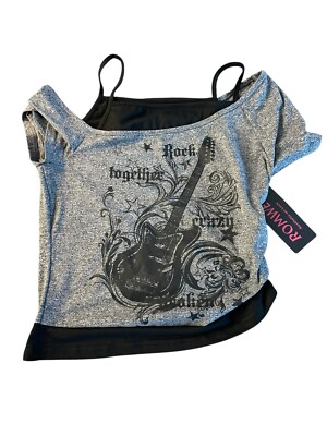 Romwe T-shirt Girl s Youth Size M Black &  Rock Guitar Theme - NEW